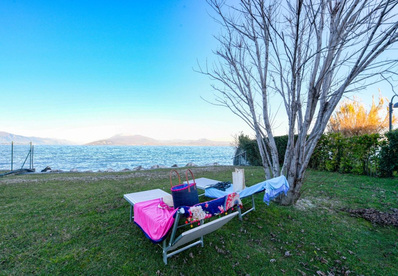 Prywatna trawiasta plaża z leżakami nad jeziorem Garda